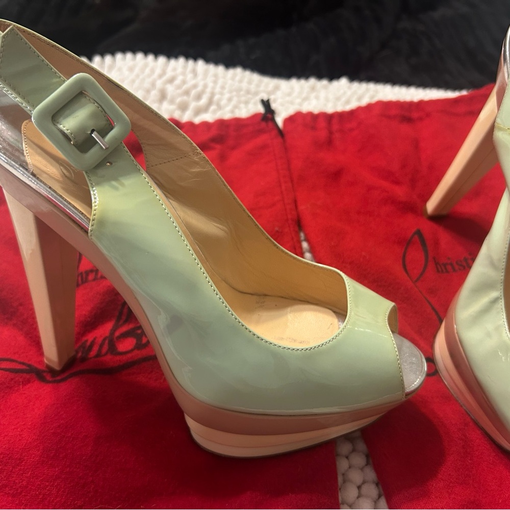 Christian Louboutin Ice Blue and Beige Triple Stack Platform Peep-Toe Heels